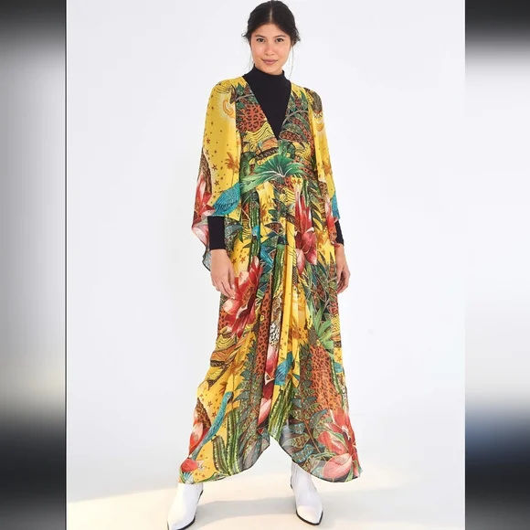 NWT Farm Rio Tropical Dreams Caftan Maxi Dress In Cheetah & Floral Print - Picture 4 of 16